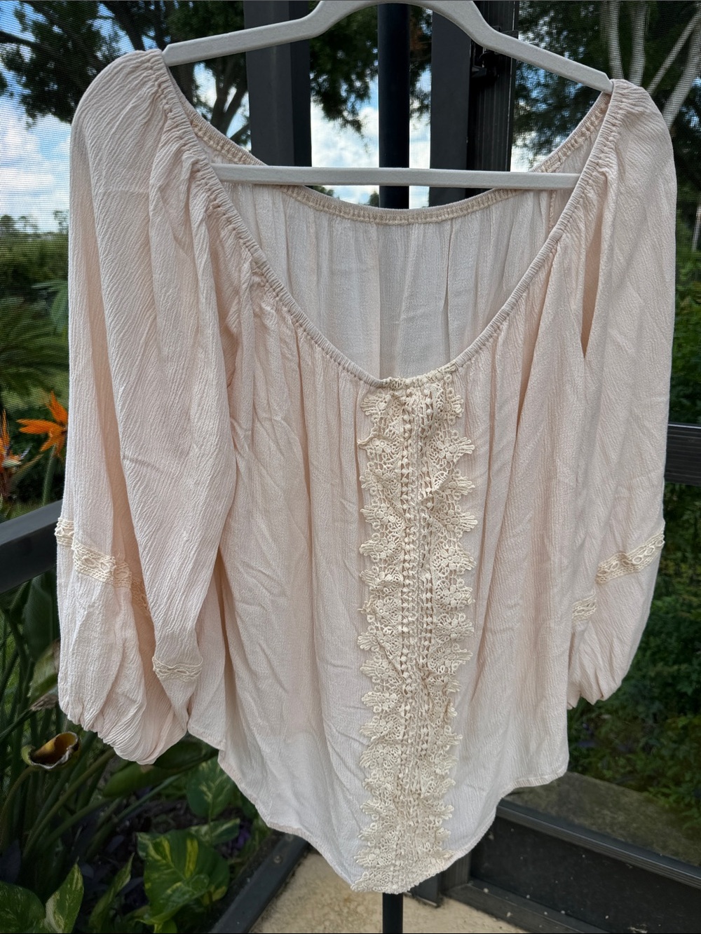 SHEIN Cream Crochet-Trim Peasant Blouse